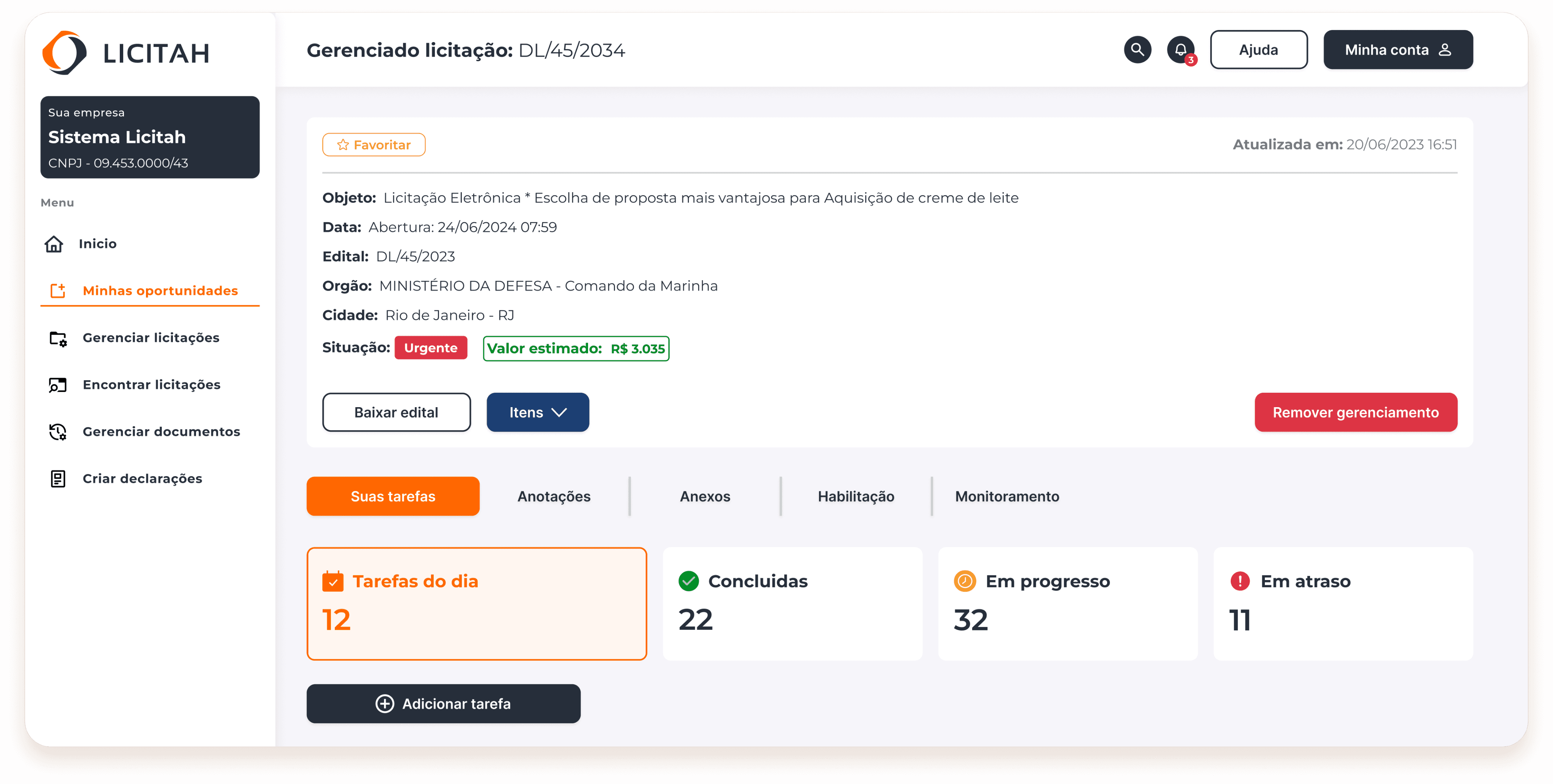 Painel de gerenciamento de licitação no Licitah
