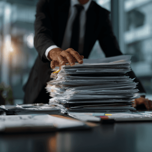 Profissional organizando pilha de documentos